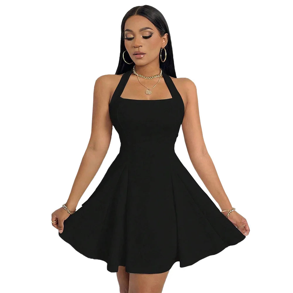 Womens Summer Sleeveless A-Line Skirt Sexy Mini Elegant Halter Neck High Waist Dress Party Club Evening Bodycon Dress 2024