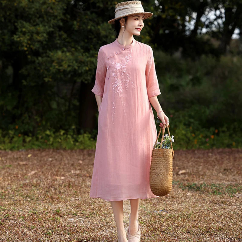Elegant Floral Embroidered Ramie + Cheongsam Dress + for Women