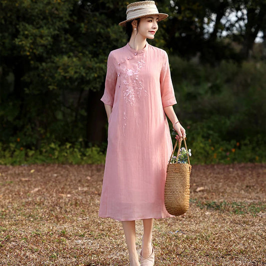Floral Embroidered Ramie Cheongsam Dress