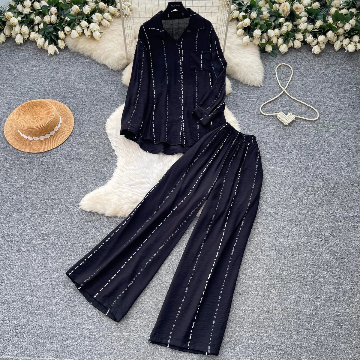 Collared Shirt and Wide Leg Pants Set