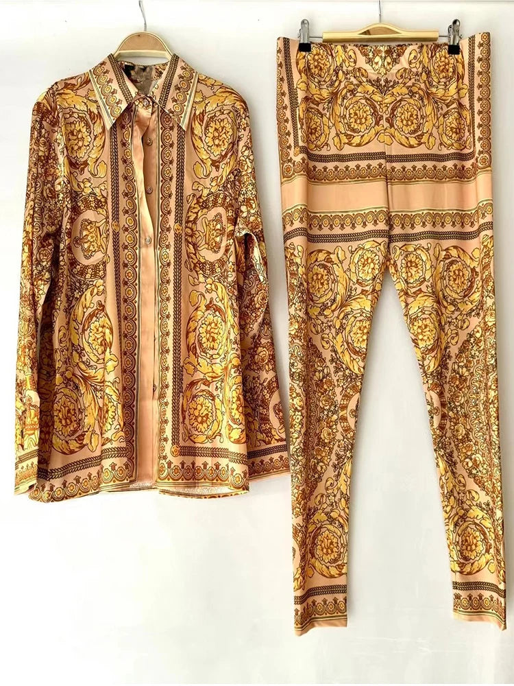 Retro Print Lapel Shirt Two Piece Suit