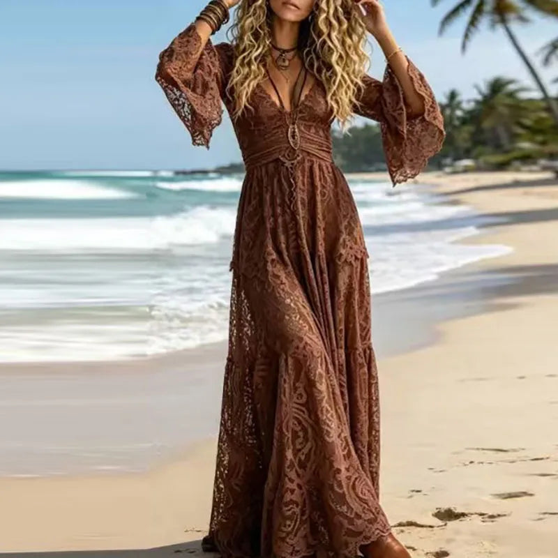 Elegant Deep V Neck Lace Embroidered Maxi Dress for Women