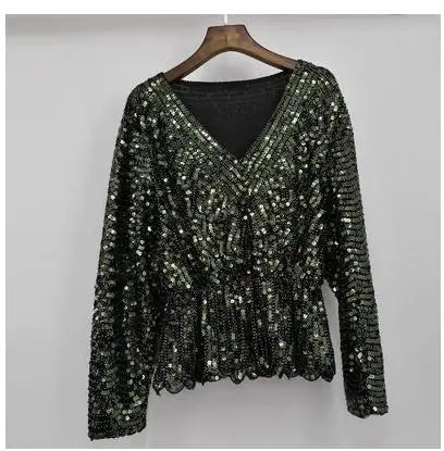Ladies New Heavy Handmade Bling Beaded Sequins Batwing Sleeve Top Slimming Oversized Blouse Elegant Nightclub Pullover Shirts