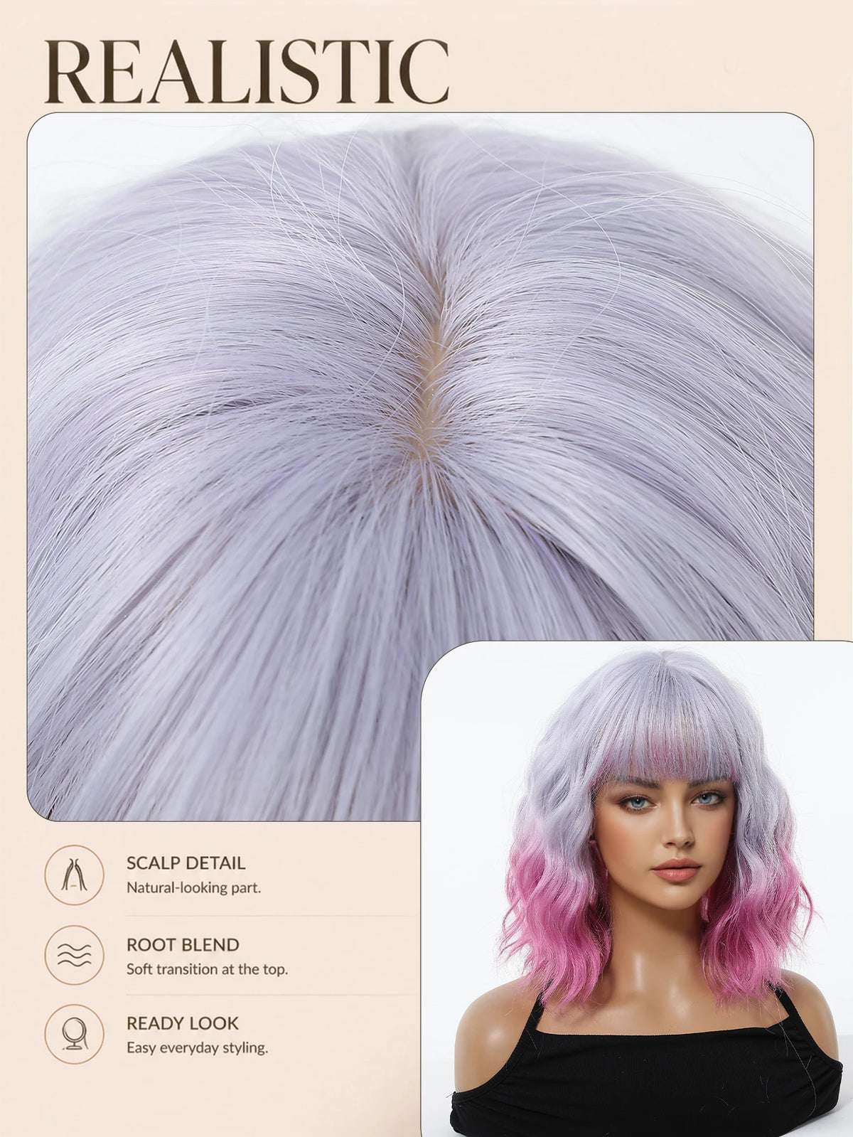 Pink Purple Ombre Curly Synthetic Wig With Bangs for Women