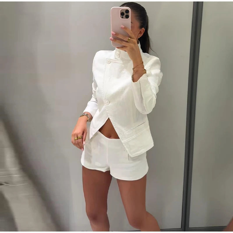 Casual Stand Collar Jacket and Shorts Set for Women