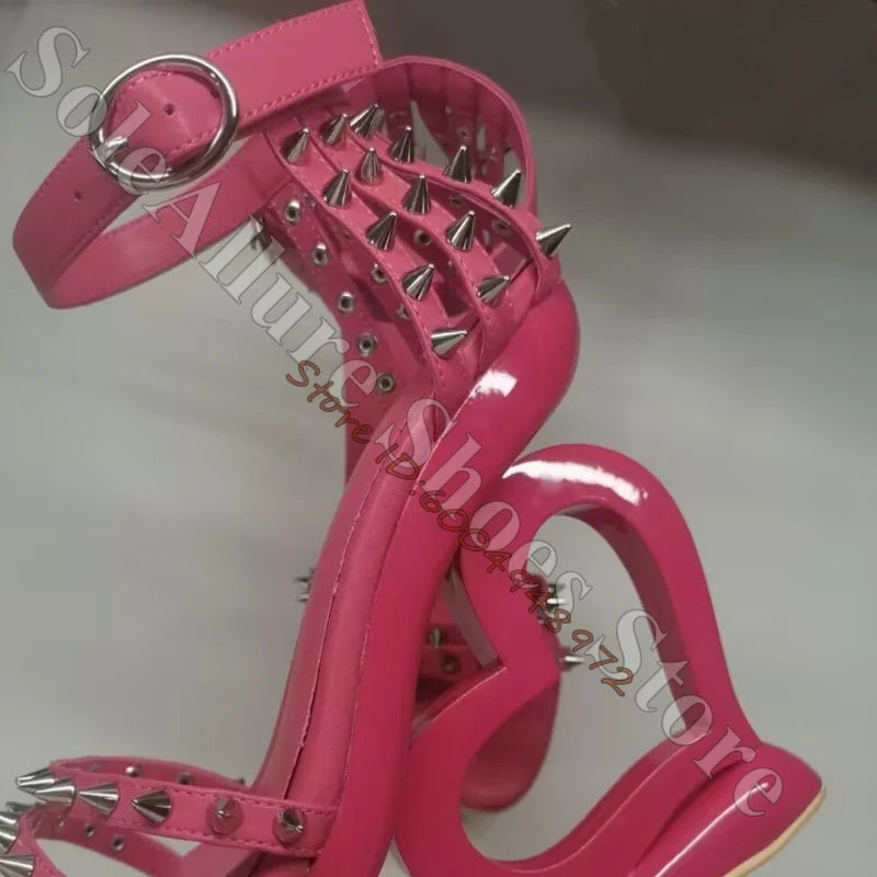 Glossy Patent Leather Spiked Heart Cage Wedge Sandals For Women