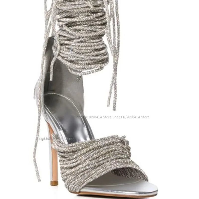 Open Toe Rope Detail Stiletto Sandals Front and Rear Straps for Women