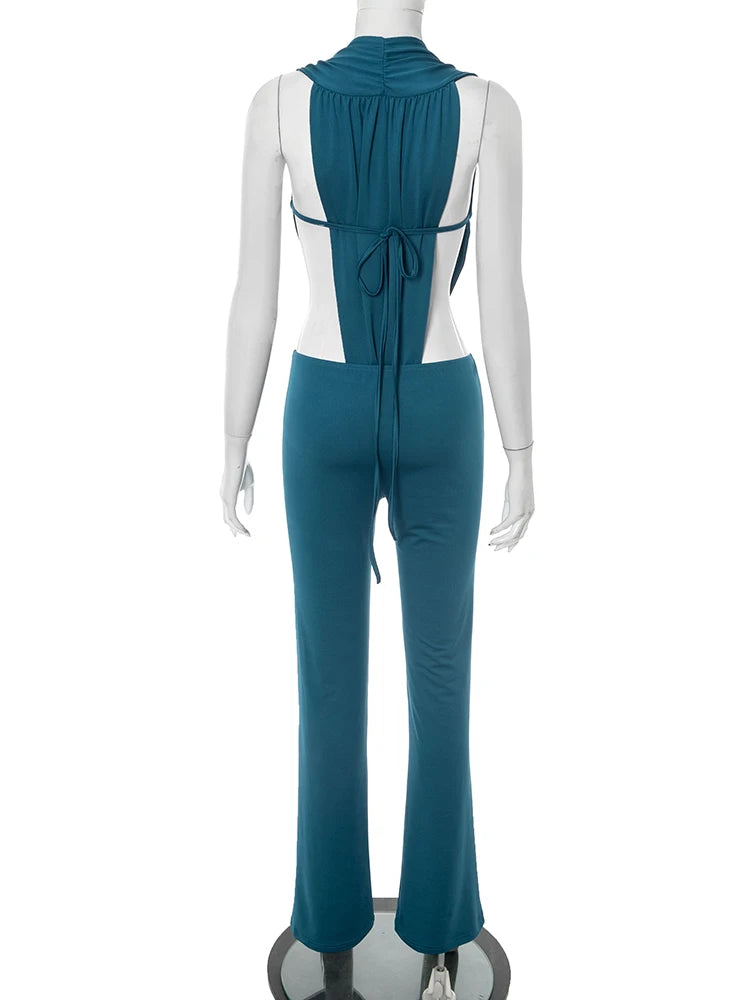 Weird Puss Hipster 2 Piece Set Women Sexy Deep V-Neck Hollow Bandage Bodysuit+Flare Pants Summer Midnight Matching Clubwear Suit