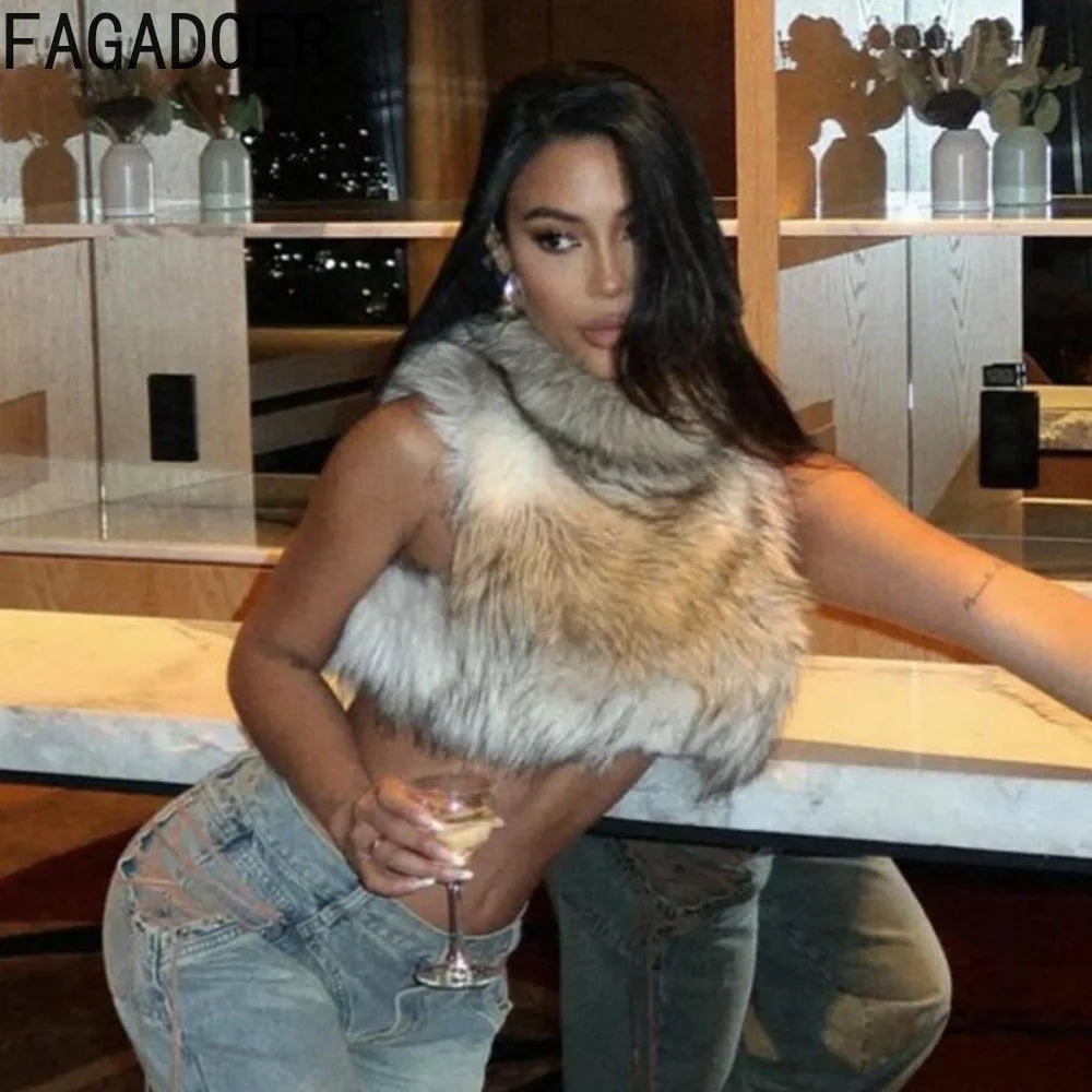 Autumn Fur Patchwork Backless Zipper Crop Top for Women