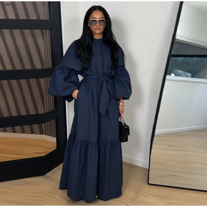 Casual Belted Long Lantern Sleeve Button Dress for Women