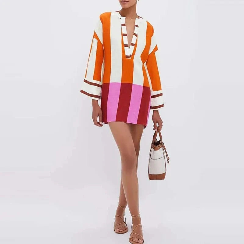 Autumn Long Sleeve Loose Bohemian Dress Vintage Contrast Striped Print V Neck Women Dress Spring Casual Patchwork Vacation Dress