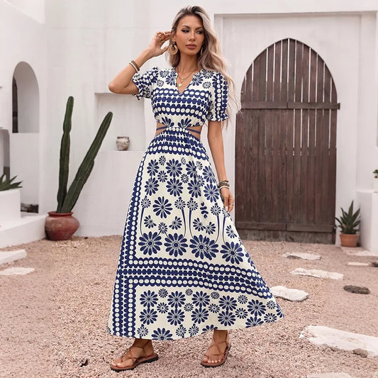 Retro Print High Waist Midi Dress