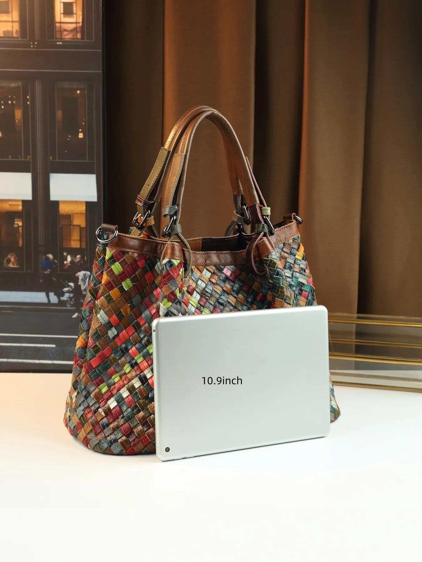 ABQP New Women's Handbag Made of Genuine Leather Hand Woven Women's Single Shoulder Crossbody Bag Color Spliced Women's Bag