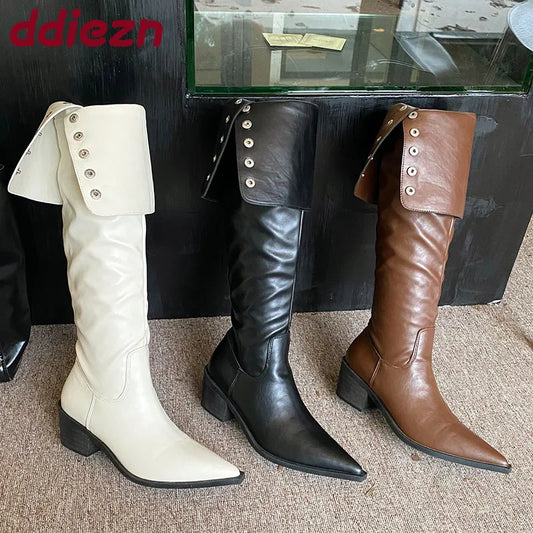 Modern Ladies Knee High Boots With Heels Shoes Female Slip On Footwear Fashion Pointed Toe Women Long Boots Pumps Shoes lady