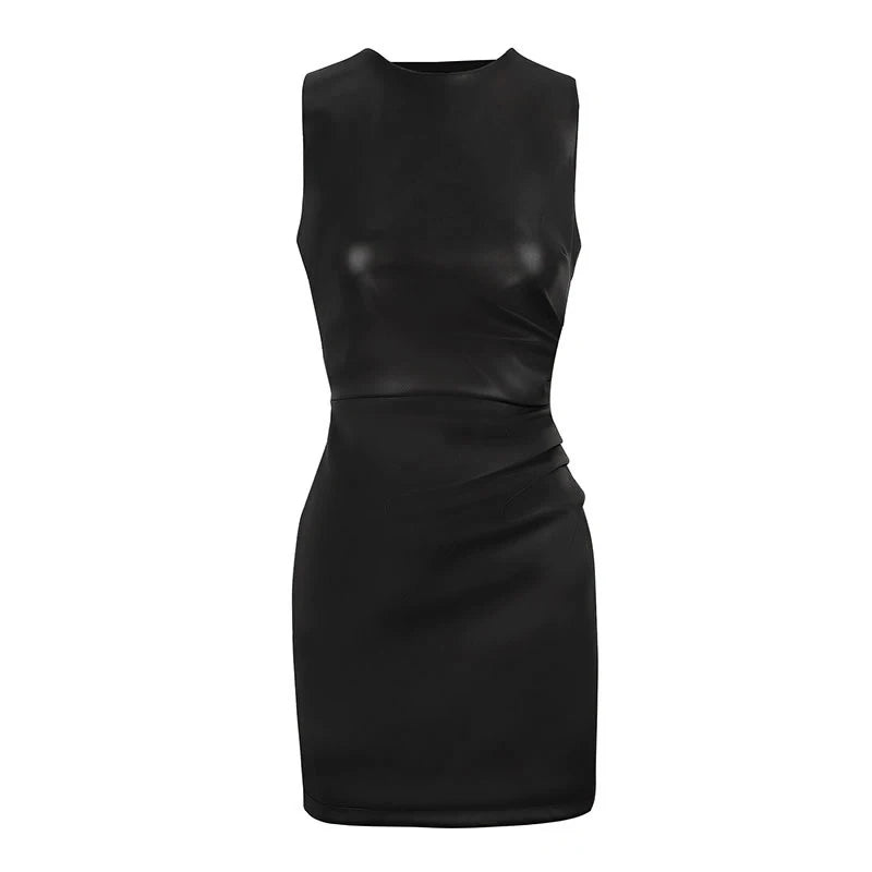 Summer New Women's Dresses Sexy Black PU Leather Mini Elegant Bodycon Club Birthday Party Dress Female Fashion Dresses Clothing