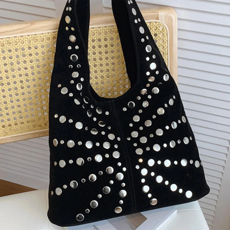 Polka Dot Rivet Tote Bag Women's Fashion Trend Texture Shoulder Bag High-end Luxury Suede Bucket Bag Commuter Female Handbag