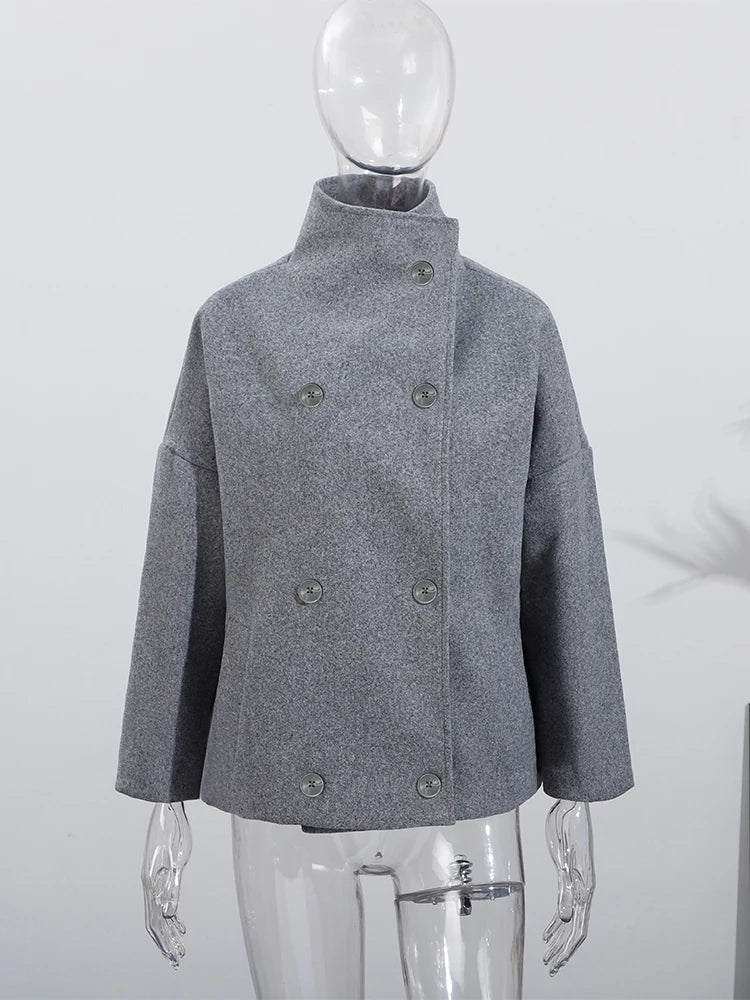 Solid Double Breasted Stand Collar Long Sleeve Overcoat for Women