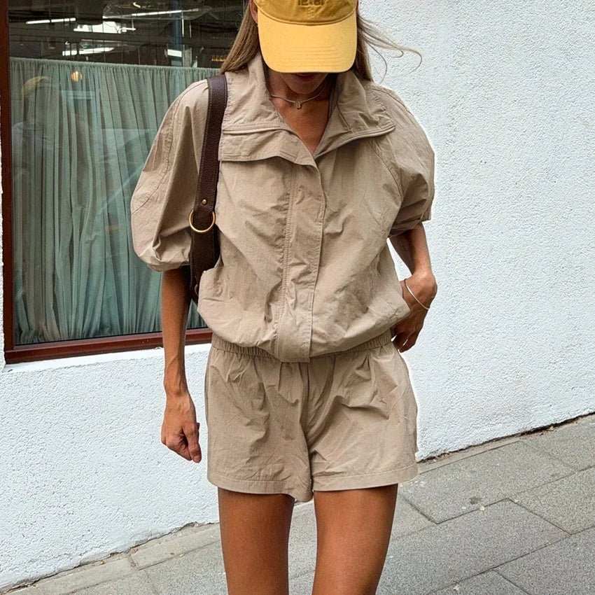 Loose Fit Zip Up Windbreaker Jacket and Shorts Set for Women