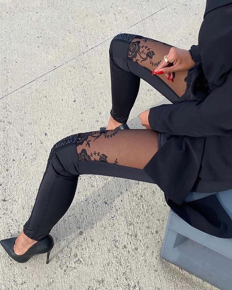 Sheer Mesh Lace Embroidery Patch Pants