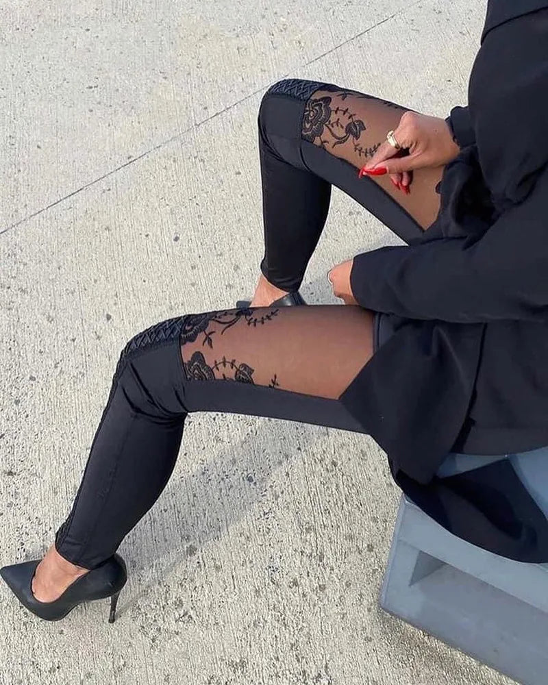 Sheer Mesh Lace Embroidery Patch Pants
