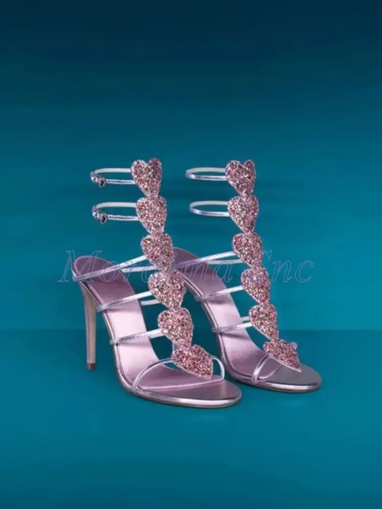 Pink Glitter Heart Strap Gladiator Sandals For Women