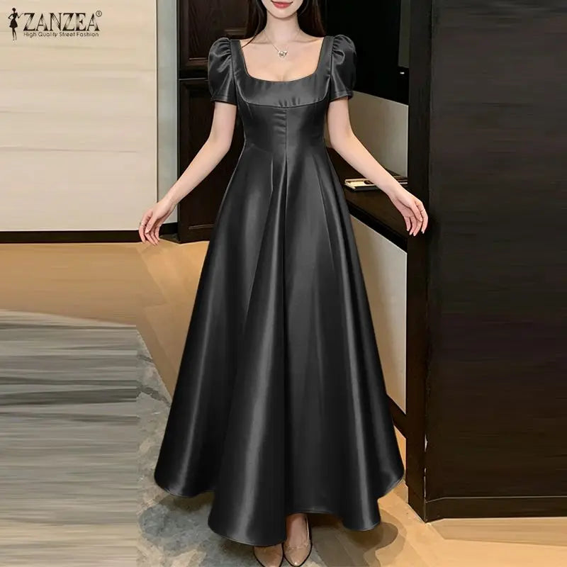 Square Neck Satin Puff Sleeve Maxi Dress