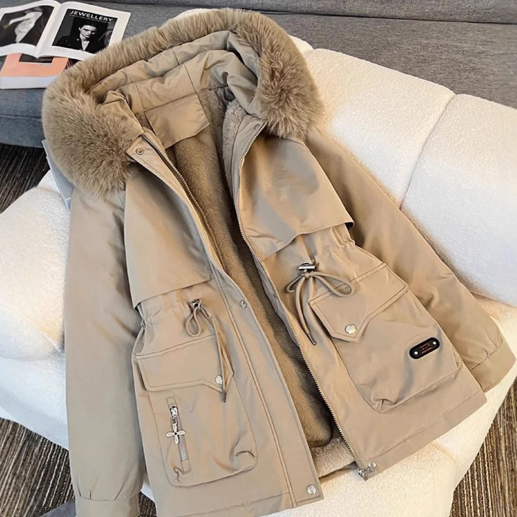 Korean Style Quilted Hooded Coat With Fur Collar For Women