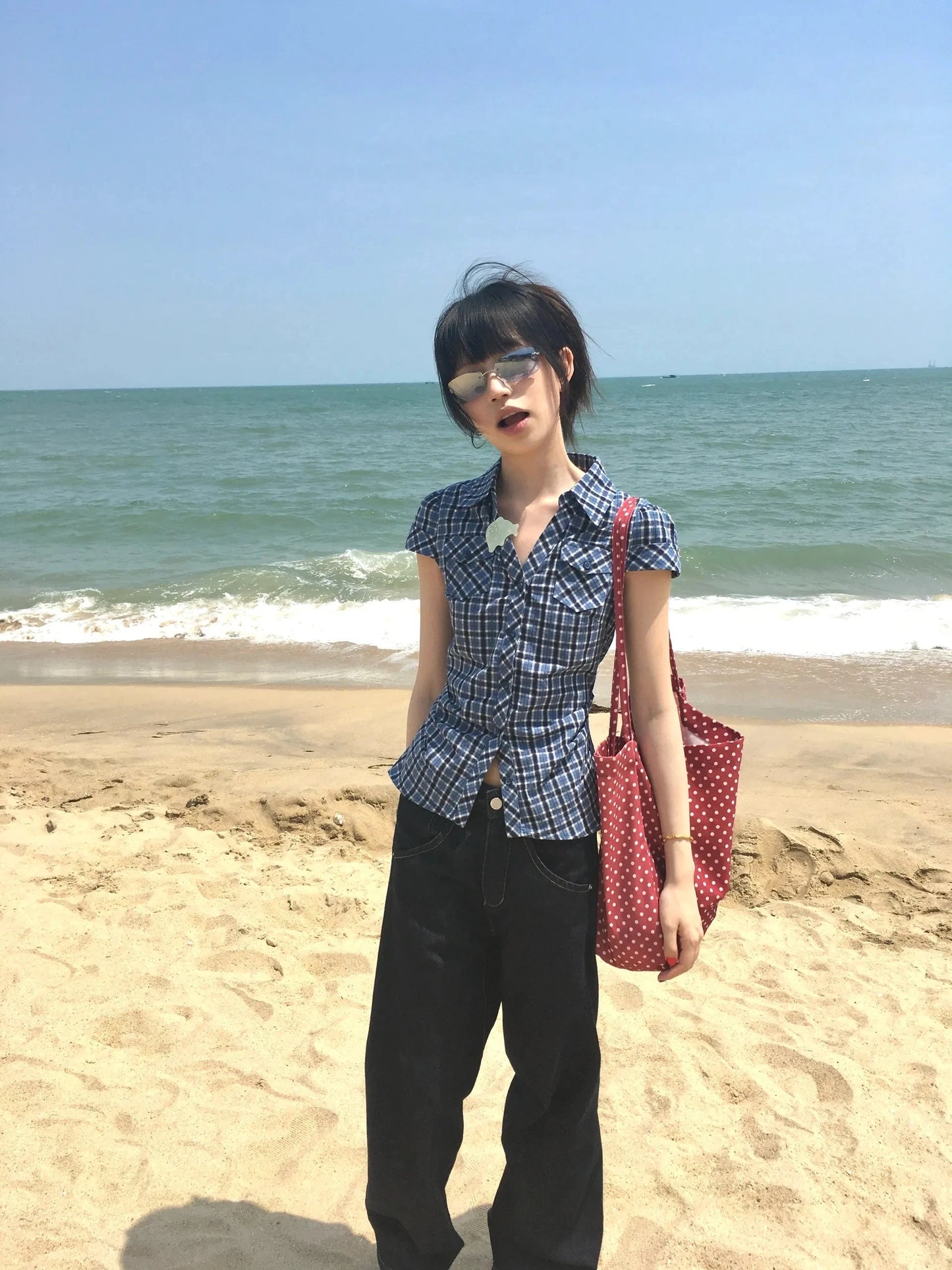 Karrram Japanese Y2k Plaid Shirt Vintage Harajuku V-neck Blouses Korean Fashion Women Short Sleeve Shirts 2000s American Retro