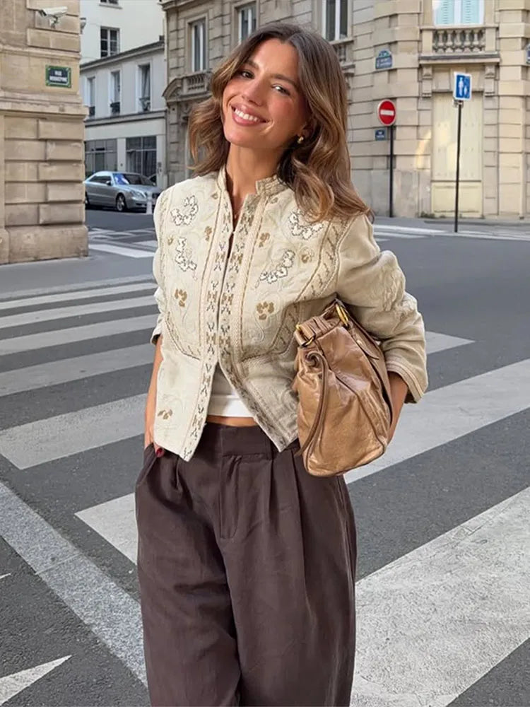 Urban Print Coat Stand Collar Long Sleeve for Women