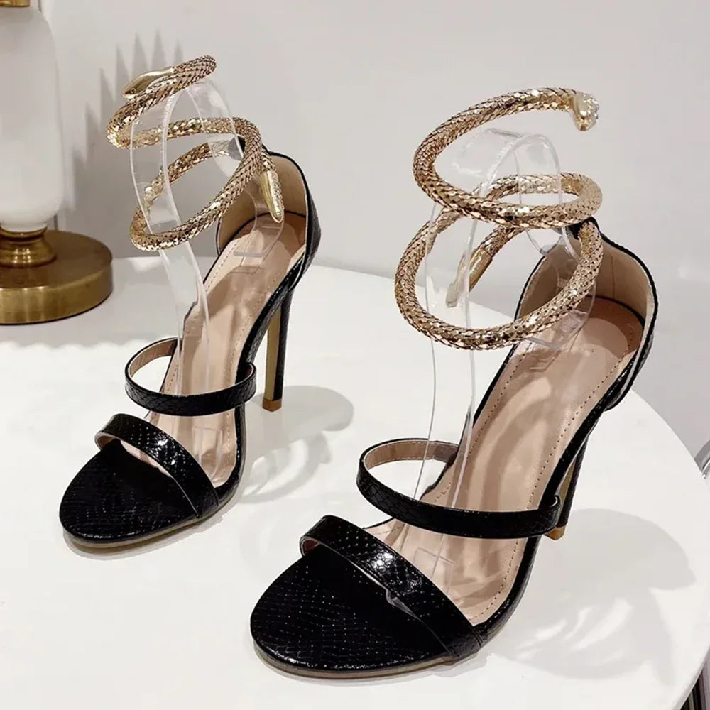 Gold Snake Embossed Ankle Wrap Sandals