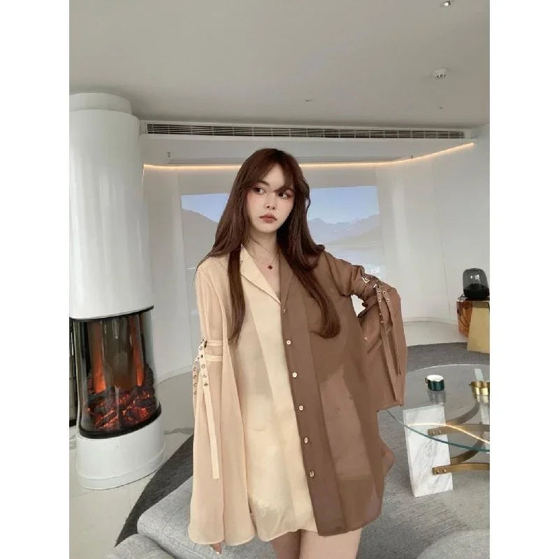 Vintage Contrast V-Neck Chiffon Blouse With Flared Sleeves for Women