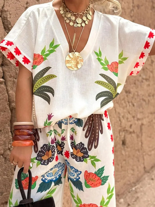 Beautyblue Cotton Linen Bohemian White Blouse Vacation Clothes New Casual Loose Raglan Sleeve V-Neck Printed T-shirts for Women