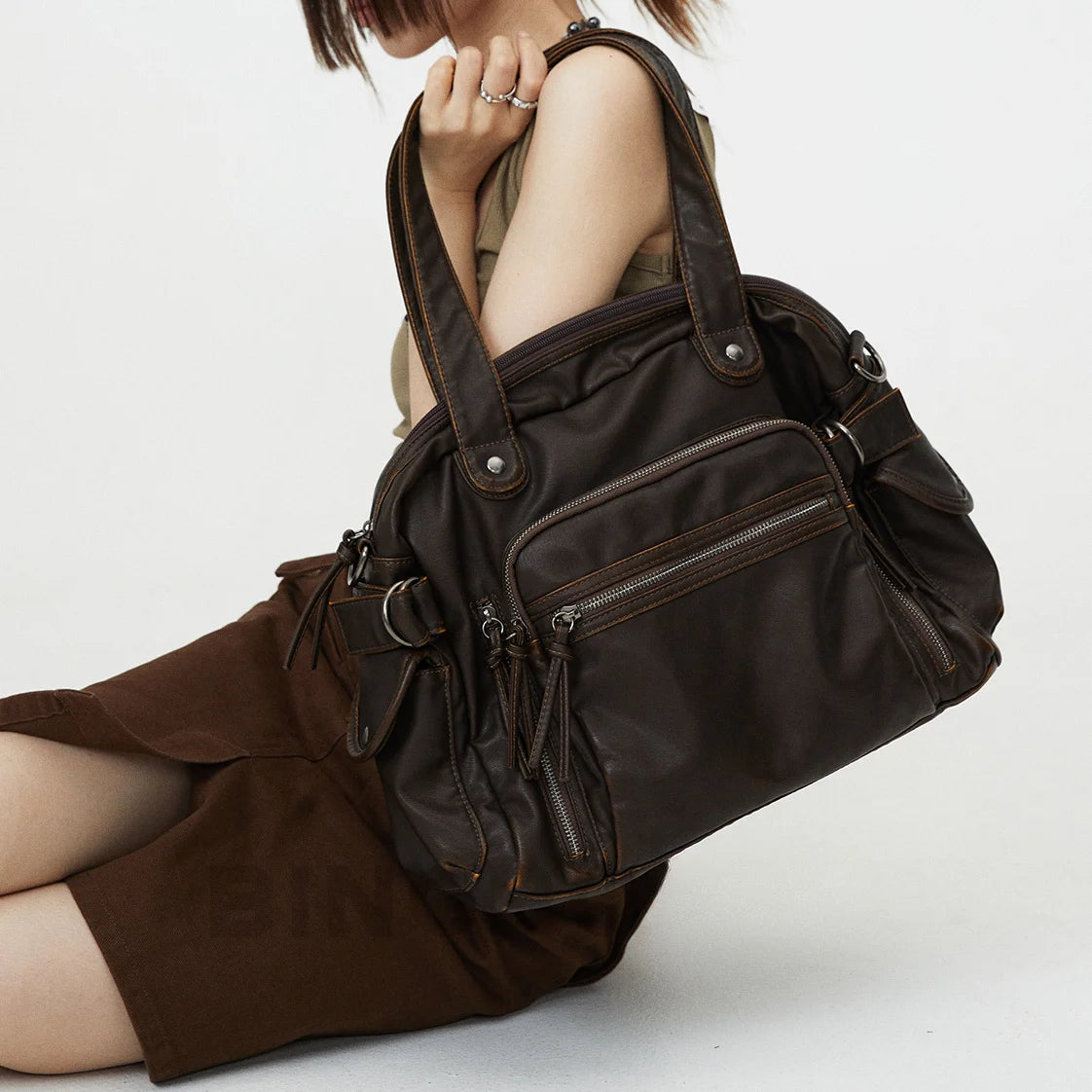 Y2K Punk Soft Faux Leather Multi Pocket Shoulder Bag for Women