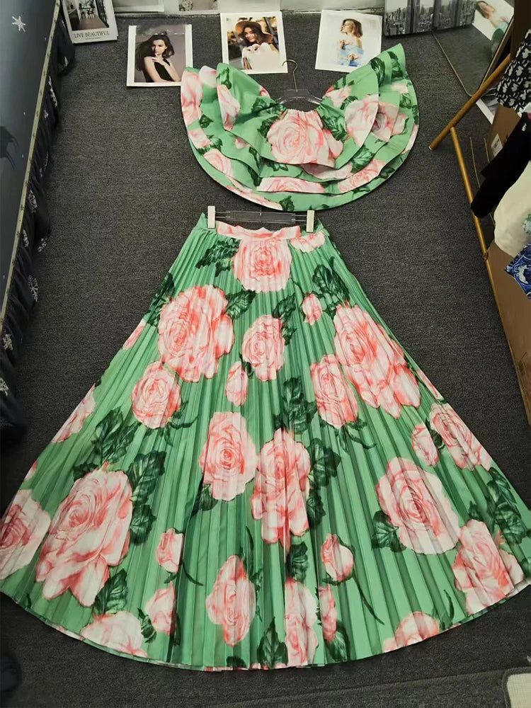 Printed Top And Pleated Skirt Set