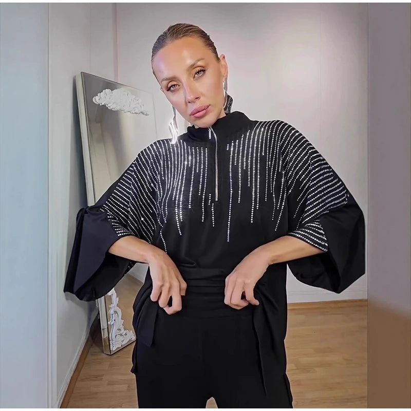 Elegant Casual Sequin Two Piece Top And Pants Set For Women