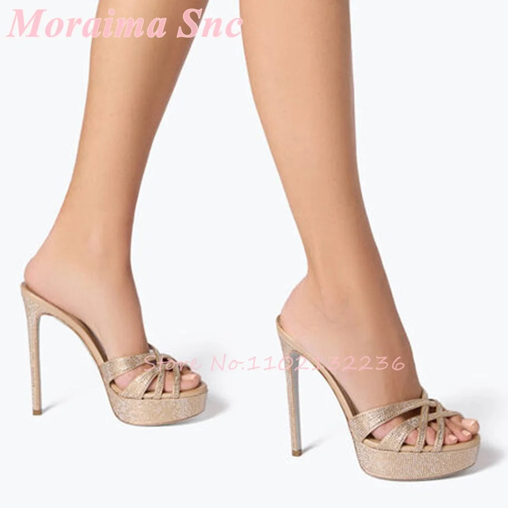 Crystal Rhinestone Platform Stiletto Crisscross Mules for Women