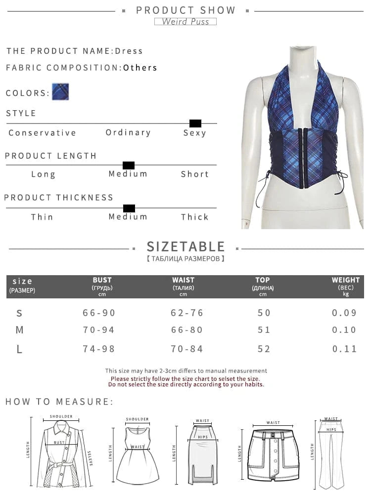 Weird Puss Bandage Button Tops Woman Summer Plaid Print Sexy Deep V-Neck Halter Skinny Wild Hipster Y2K Fashion Party Streetwear