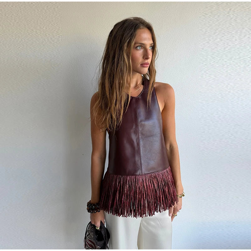 Faux Leather Patchwork Fringe Halter Top for Women