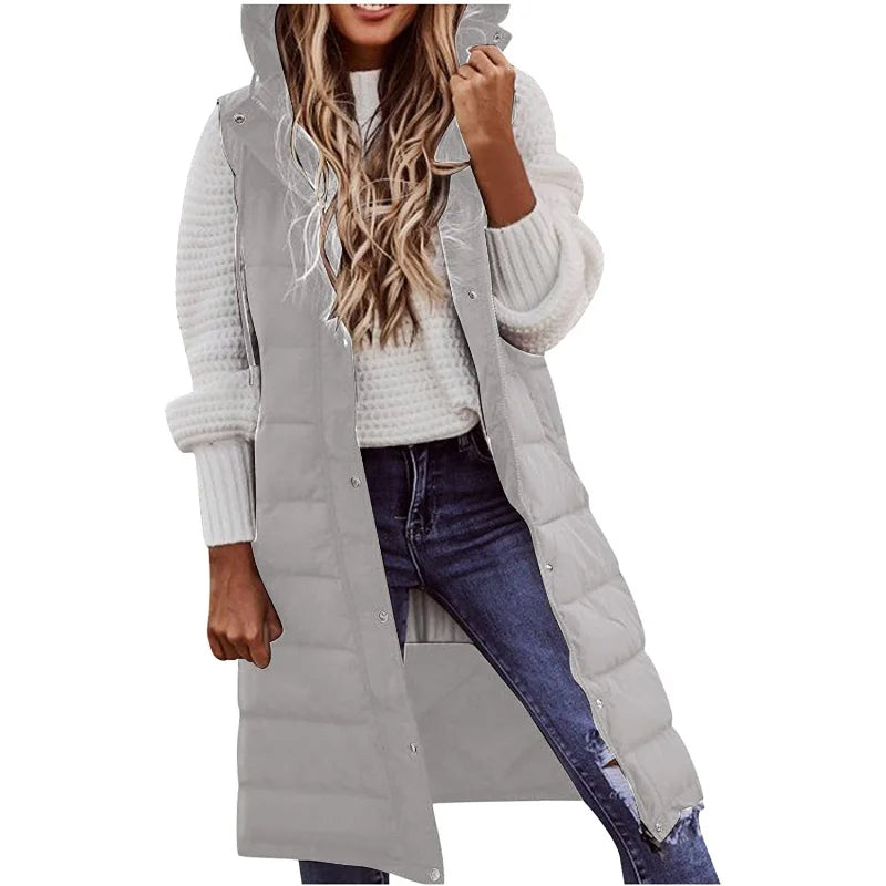 Warm Hooded Longline Sleeveless Vest Coat for Women