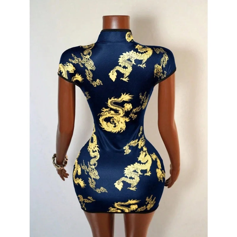 Cheongsam Style Dragon Print Cutout Dress for Women