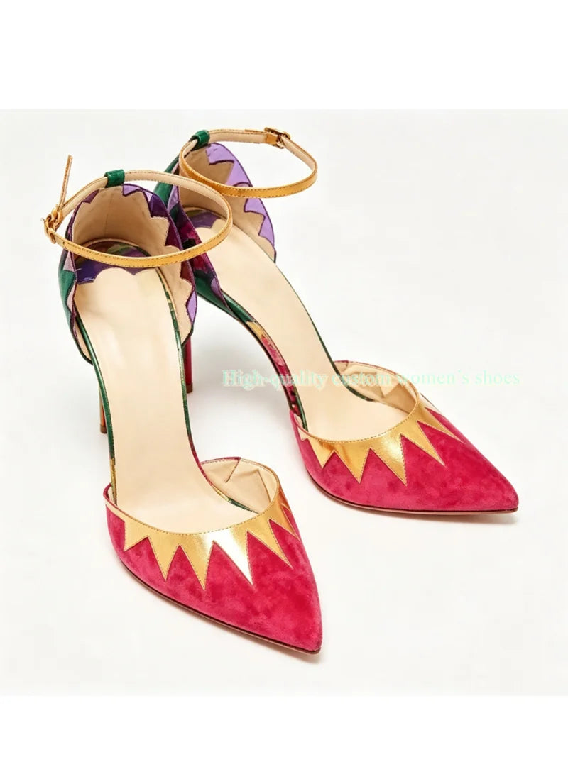 Rainbow Velvet Pointed Toe Stiletto Sandals For Women