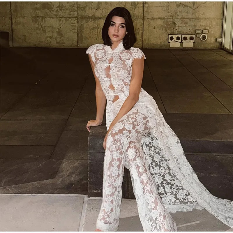 Elegant Lace Trim Two Piece Wide Leg Pant Set for Women