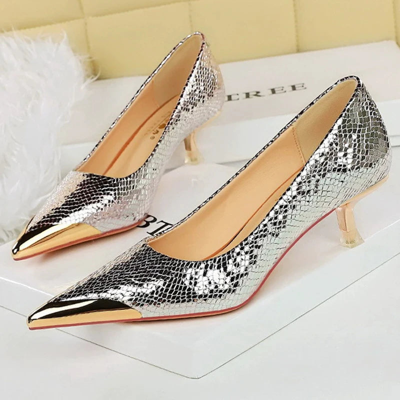 Sequin Snake Pattern Pointed Toe Kitten Heel Pumps for Women