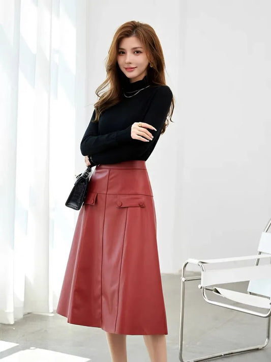 Long Skirts For Women 2025 New Korean Fashion High Waisted Genuine Leather Skirt Elegant A Line Casual Style Streetwear