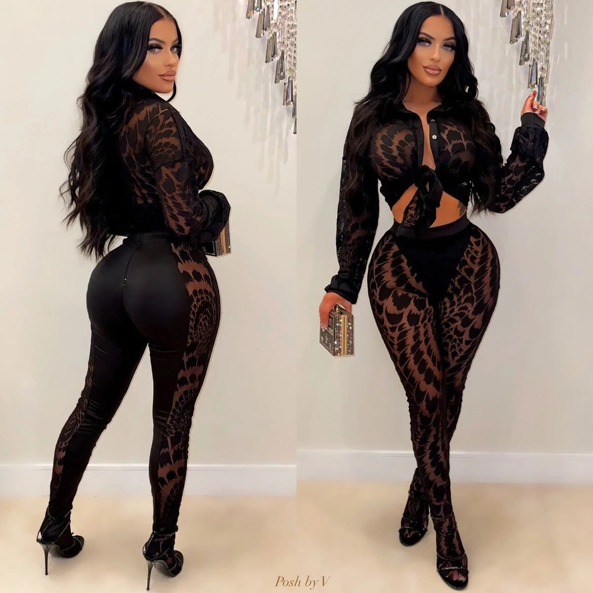 FAGADOER Autumn New Sexy Mesh See Through Woman 2 Piece Set Outfit Long Sleeve Crop Top and Pants Female Streetwear Clothing