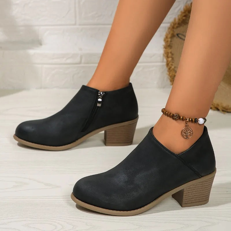 Elegant Suede Side Zipper Square Heel Ankle Boots for Women