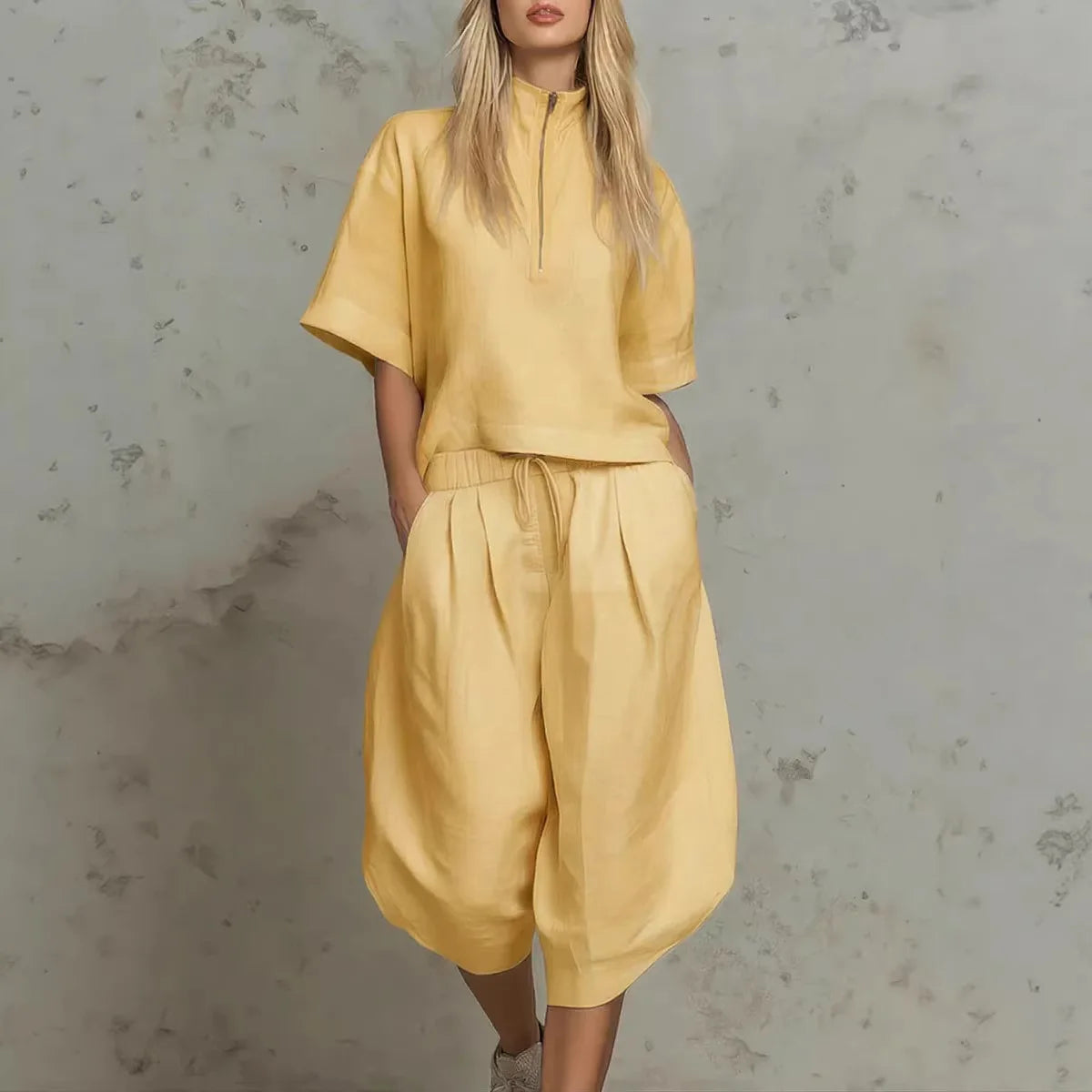 Casual Summer Zipper Neck Two Piece Shorts Set for Women