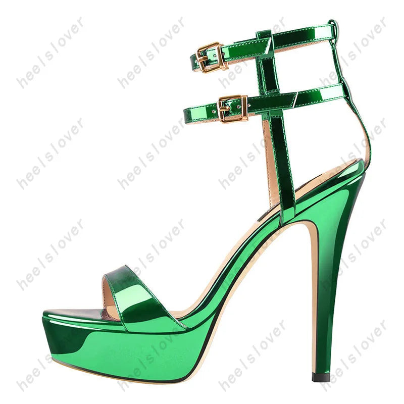 Glossy Blue Open Toe Platform Stiletto Sandals For Women