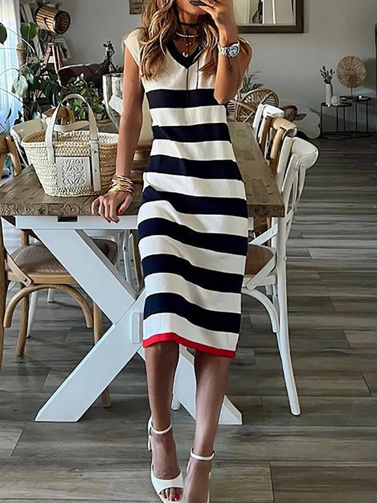 Elegant Striped Sleeveless V Neck Midi Shirt Dress for Women