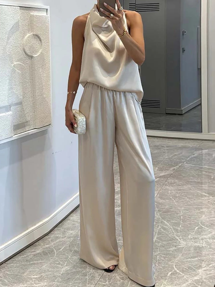 Pile Collar Sleeveless Top Wide Leg Pants 2CPS Sets, Women Summer Loose Elastic Waist Chic Outfit, Solid Patchwork Ladies Suits